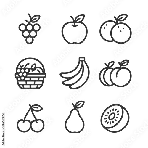 Fruit Basket Icons. Outline icon set of fruit basket: grapes, apples, oranges, bananas, peaches, plums,