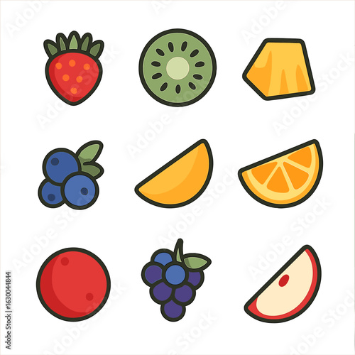 Fruit Icon Grid. Solid, filled icons set of fruit garnishing: strawberry fan, kiwi slice, pineapple chunk,