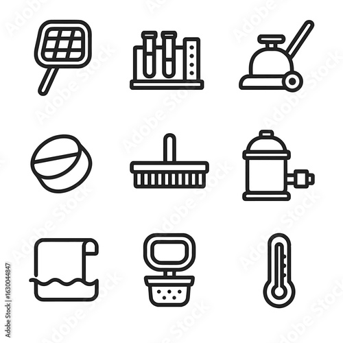 Pool Maintenance Icons. Outline icon set of pool maintenance tools: pool net, water test kit, pool vacuum, chlorine tablet, pool
