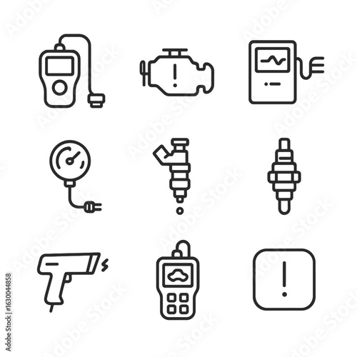 Engine Diagnostics Icons. Outline icon set of engine diagnostics: engine code reader, check engine light, exhaust gas analyzer,