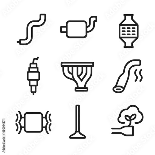 Engine Exhaust Icon Set. Outline icon set of engine exhaust systems: exhaust pipe, muffler, catalytic converter, oxygen sensor,
