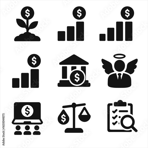 Funding Stages Icons. Solid, filled icons set of funding stages: seed funding, Series A, Series B, Series C,