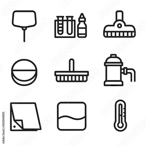 Pool Maintenance Icons. Outline icon set of pool maintenance tools: pool net, water test kit, pool vacuum, chlorine tablet, pool
