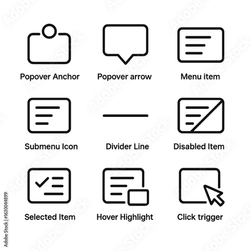 Popover Icon Set. Outline icon set of popover menus: popover anchor, popover arrow, menu item, submenu icon, divider line,