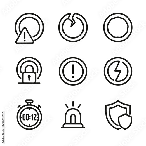 Portal Warning Icons. Outline icon set of portal warnings: danger sign, broken portal, unstable energy, lock symbol, alert icon,