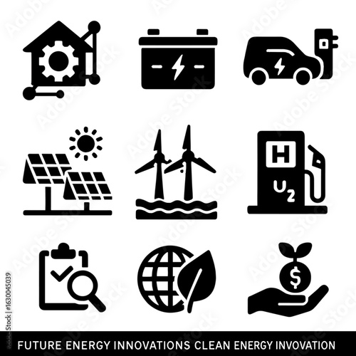 Future Energy Innovations. Solid, filled icons set of future energy innovations: smart grid, energy storage