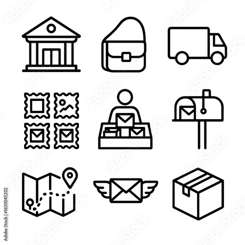 Postal Service Icons. Outline icon set of postal services: post office building, mail carrier bag, postal truck, stamp collection,
