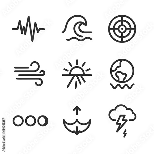 Environmental Icons Collection. Outline icon set of environmental pulse: seismic wave, ocean wave, weather radar, wind gust, solar