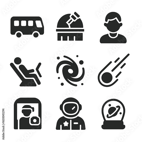 Galactic Tour Icons. Solid, filled icons set of galactic sightseeing tours: space bus, observation dome,