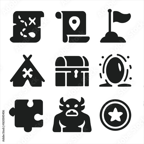 Game Quest Icons. Solid, filled icons set of game quests and objectives: treasure map, quest scroll, victory