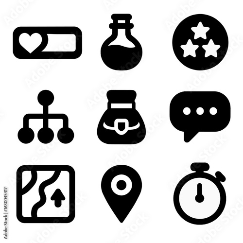 Game UI Icons Grid. Solid, filled icons set of game UI elements: health bar, mana potion, experience points,