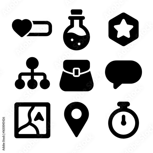 Game UI Icons Grid. Solid, filled icons set of game UI elements: health bar, mana potion, experience points,