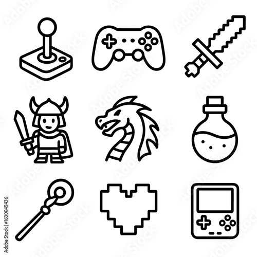 Gaming Icon Collection. Outline icon set of gaming fan art: joystick, game controller, pixelated sword,
