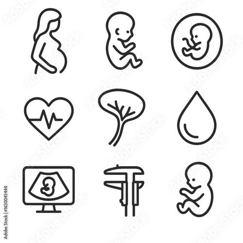 Prenatal Ultrasound Icons. Outline icon set of prenatal ultrasound: pregnant woman silhouette, fetus profile, gestational sac,