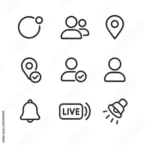Presence Indicator Icons. Outline icon set of presence indicators: online status, active user, location pin, check-in, attendance,