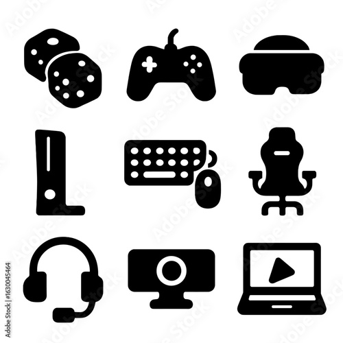 Gaming Icons Collection. Solid, filled icons set of game accessories: dice, game controller, virtual reality