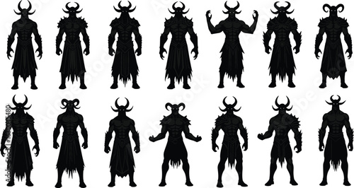 Dark demon silhouette collection, horned monster vector set, fantasy villain figures, evil character icons, gothic horror illustration, mythical beast shapes