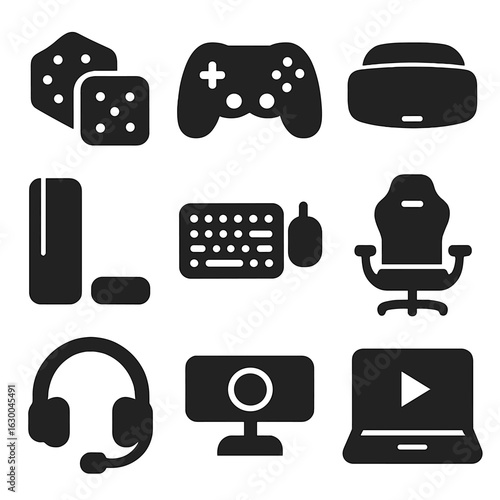Gaming Icons Collection. Solid, filled icons set of game accessories: dice, game controller, virtual reality