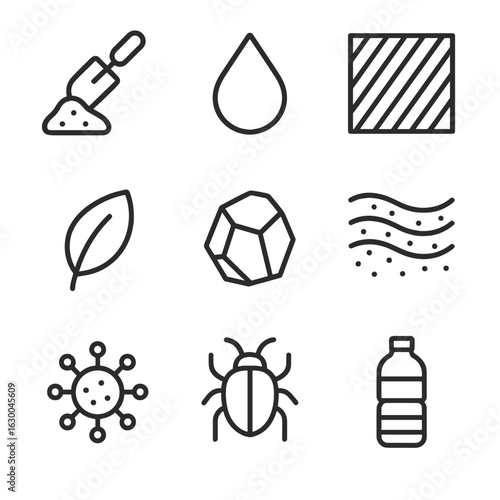 Environmental Sample Icon Set. Outline icon set of environmental samples: soil scoop, water drop, air filter, plant leaf, mineral