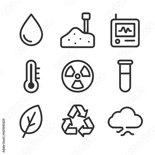 Environmental Testing Icons. Outline icon set of environmental tests: water drop, soil sample, air quality meter, thermometer,