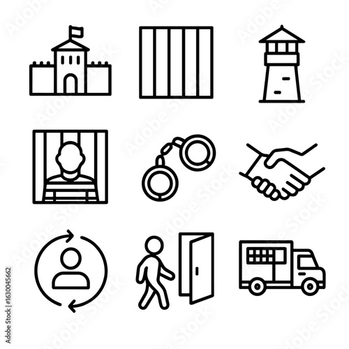 Prison Icon Set. Outline icon set of prison and correction: prison building, bars, guard tower, inmate, handcuffs, probation,