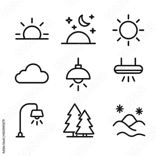 Environmental Icon Set. Outline icon set of environmental scenarios: dawn horizon icon, dusk sky icon, bright midday icon,