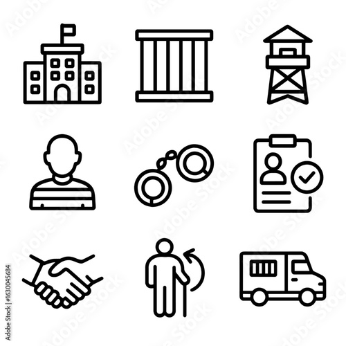 Prison Icon Set. Outline icon set of prison and correction: prison building, bars, guard tower, inmate, handcuffs, probation,