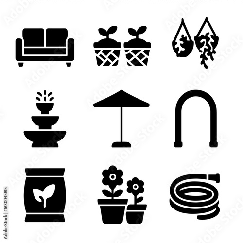 Garden Design Icons. Solid, filled icons set of garden design with seating: outdoor sofa, planter baskets,