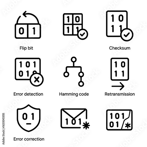 Error Correction Icons. Outline icon set of bit error and correction: flipped bit icon, parity bit indicator, checksum symbol, CRC