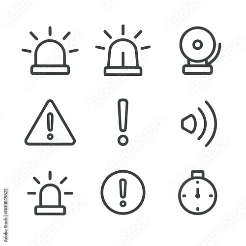 Countdown Icons Set. Outline icon set of countdown signals: flashing light, siren, alarm bell, warning triangle, exclamation mark,