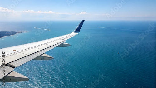 Overhead view of airplane wing over blue ocean during summer flight travel