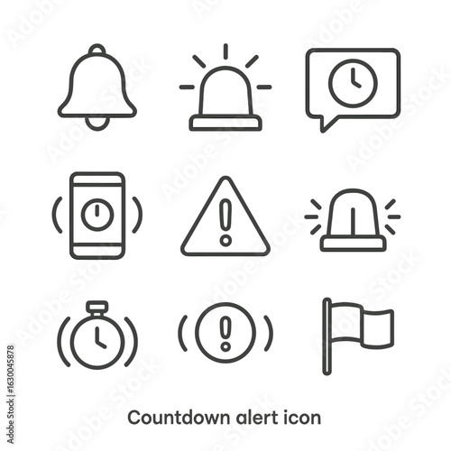 Countdown Alert Icons. Outline icon set of countdown alerts: alarm bell, flashing light, notification pop-up, vibration alert,
