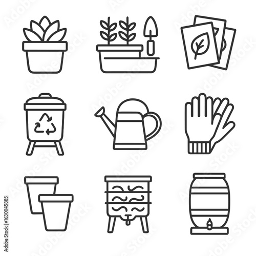 Garden Gift Icons. Outline icon set of garden and plant gifts: succulent pot, herb garden kit, seed packets,
