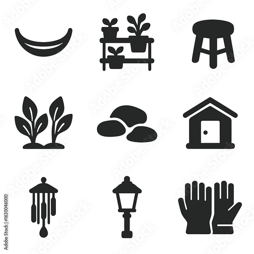 Garden Retreat Icons. Solid, filled icons set of creating a garden retreat: hammock, planter shelves, garden