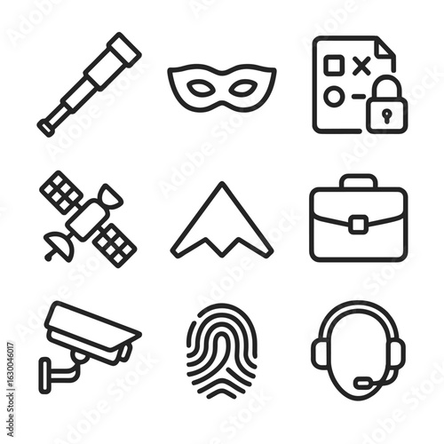 Covert Operations Icons. Outline icon set of covert operations: spyglass, mask, encrypted message, satellite, stealth aircraft,