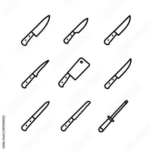 Professional Cutlery Icons. Outline icon set of professional kitchen cutlery: chef’s knife, paring knife, boning knife, fillet