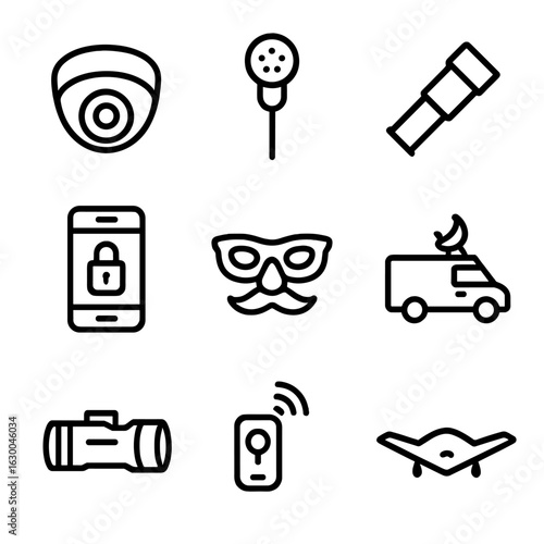 Covert Surveillance Icons. Outline icon set of covert surveillance tools: hidden camera, bug microphone, spyglass, encrypted phone