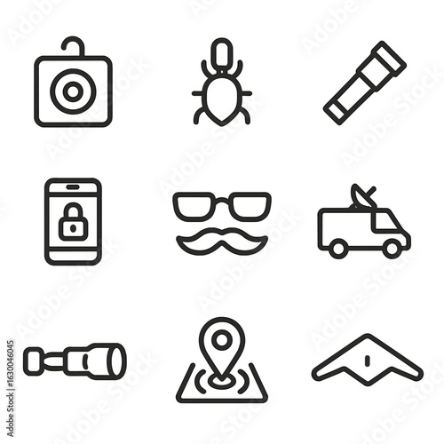 Covert Surveillance Icons. Outline icon set of covert surveillance tools: hidden camera, bug microphone, spyglass, encrypted phone
