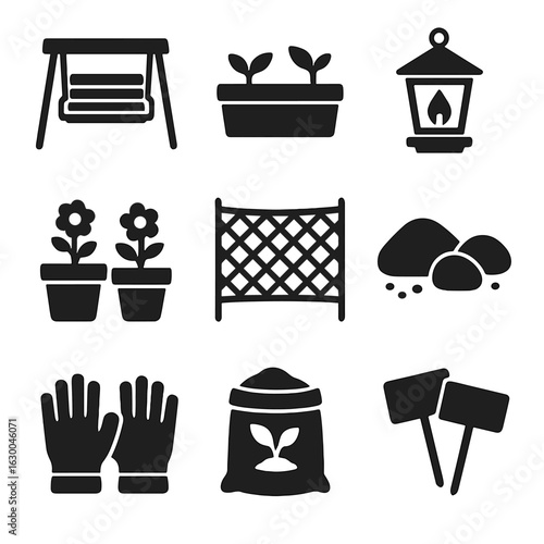 Garden Sanctuary Icons. Solid, filled icons set of outdoor garden sanctuary: swing seat, planter box, garden