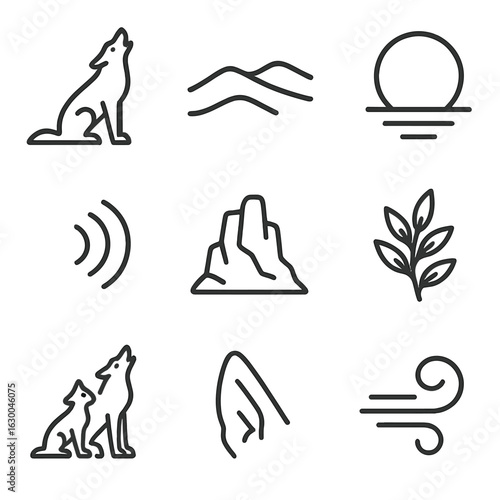 Coyote Icon Set. Outline icon set of coyote howl: coyote silhouette howling, desert dune outline, moonrise, echo wave lines, rocky