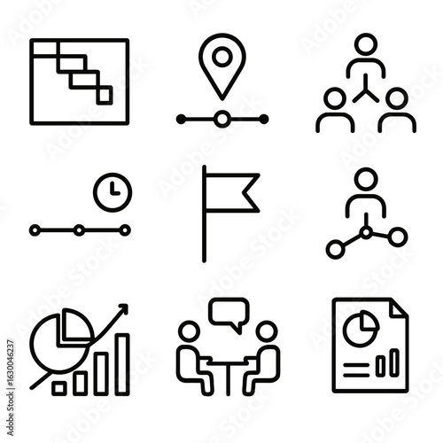 Project Management Icons. Outline icon set of project management streamline: gantt chart, milestone, task delegation, timeline,