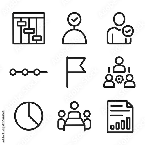 Project Management Icons. Outline icon set of project management streamline: gantt chart, milestone, task delegation, timeline,