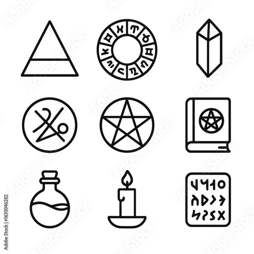 Esoteric Symbols Grid. Outline icon set of esoteric symbols: alchemy, zodiac, magic circle, crystal prism, sigil, spellbook,