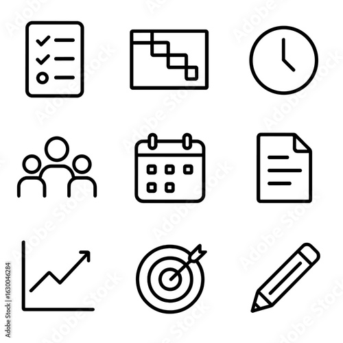 Project Strategy Icons. Outline icon set of project strategy: checklist, gantt chart, clock, team, calendar, document, graph,