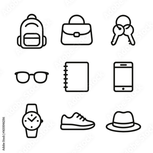 Essential Life Icons. Outline icon set of possession in everyday life: backpack, purse, keys, glasses, notebook, smartphone, watch
