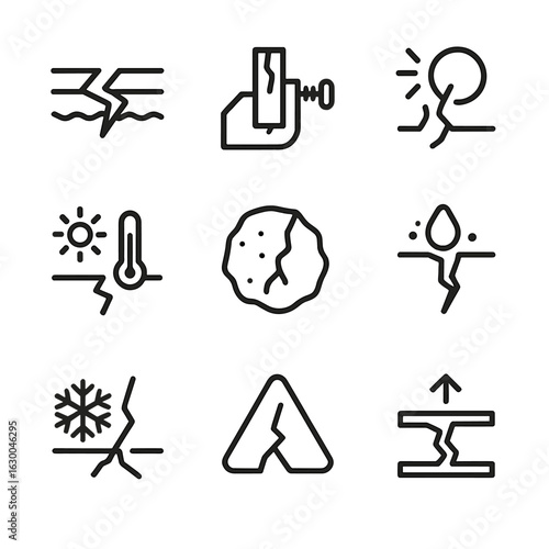 Crack Causes Icons. Outline icon set of crack causes: earthquake fault, pressure fracture, impact damage, temperature stress,