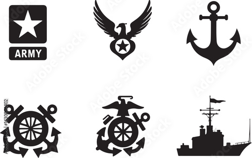Military emblems and symbols for design, patriotic themes, and service