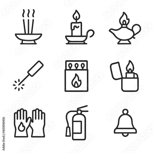 Eternal Flame Icon Set. Outline icon set of eternal flame ritual items: incense, candle holder, oil lamp, fire starter, matches,