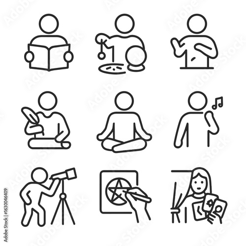 Prophecy and Runes Icons. Outline icon set of prophecy actions: reading, divining, interpreting, writing, meditating, chanting,