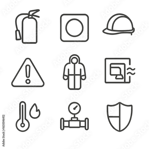 Propulsion Safety Icons. Outline icon set of propulsion safety: fire extinguisher, emergency stop, safety helmet, warning sign,